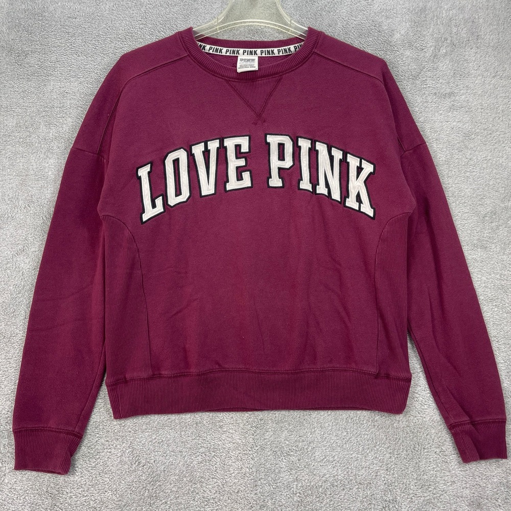 PINK Sweatshirt Women XS Maroon Love Pink Pullover Graphic Logo Ribbed